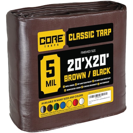 Heavy Duty Tarp, 20 ft L x 0.5 mm H x 20 ft W, 5 Mil, Brown/Black, Polyethylene